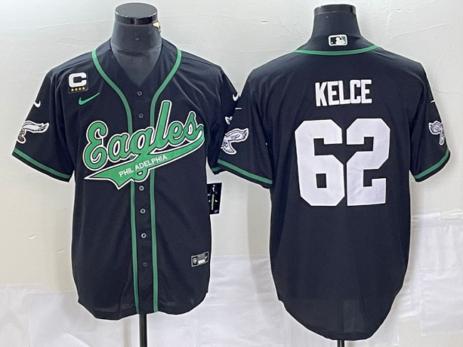 Jason Kelce Black Captain Baseball Stitched Jersey with Eagle